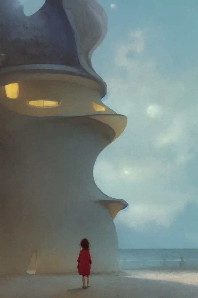 Prompt: atmospheric painting of a giant seashell house, a young girl stands outside, by john harris and moebius, atmospheric, concept art