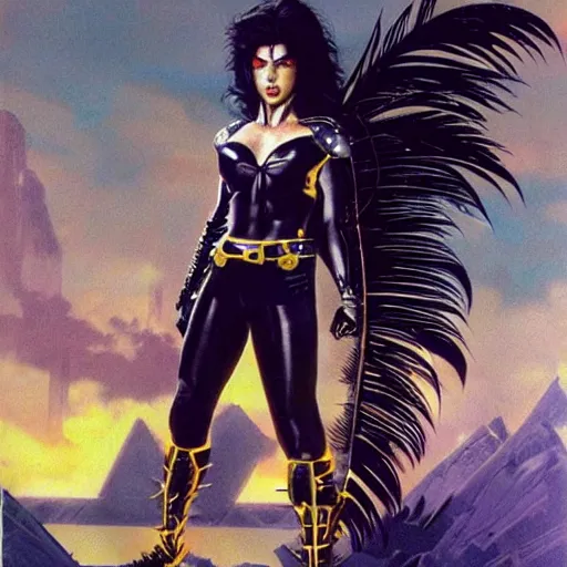 Image similar to 23-year-old muscular warrior girl wearing chrome silver armor, black spandex, electrified hair, wild spiky black hair, glam metal hair, wild black hair, yellow eyes, tropical, palm trees, chrome buildings, futuristic base, 1987, Frank Frazetta, pulp art, video game box art, hyper-detailed