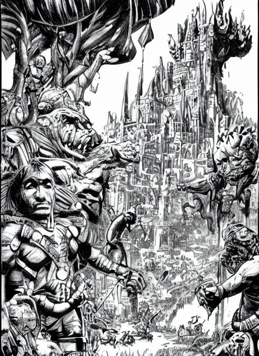 Prompt: detailed comic book drawing of a fantasy castle in the jungle by randy vargas and simon bisley and jack kirby