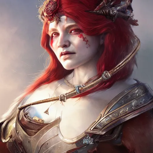 Prompt: a beautiful hyper realistic detailed epic concept art showing ( a noble knight women with red hair protected by ) the sacred raccoon, extremely detailed raccoon, by tom bagshaw, ross tran and bayard wu, in the style of dragon age, featured on artstation