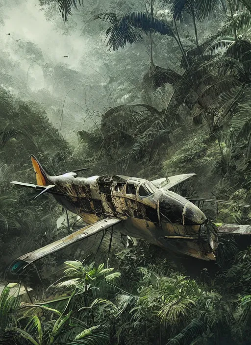 Image similar to World war airplane wreck in an exotic jungle, Dynamic lighting, cinematic, establishing shot, extremely high detail, photo realistic, cinematic lighting, pen and ink, intricate line drawings, post processed, concept art, artstation, matte painting, style by Raphael Lacoste, Eddie Mendoza