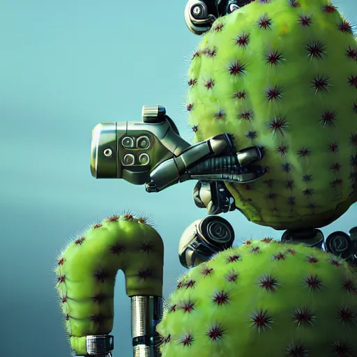 Image similar to Close-up shot.3d hard surface design, octane rendered, robotic bionic Technical, robotic Cactus design, hardops, Bionic Arms and eyes, artstation trending, wow, 8k, in style of Moebius, Android Jones