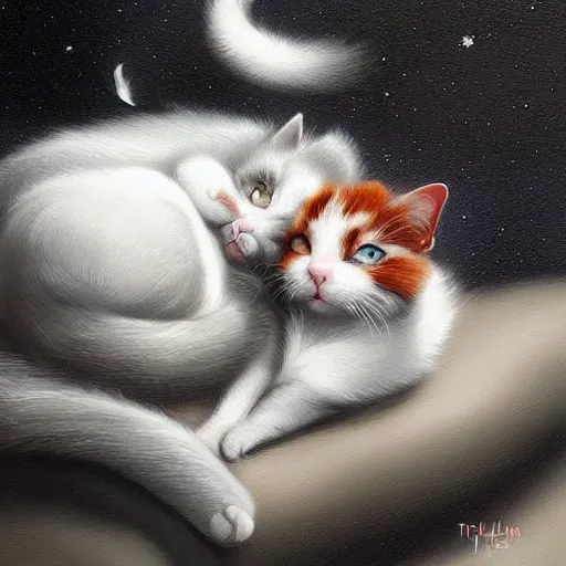 Image similar to a black and white cat and a calico cat sleeping peacefully together in cat heaven, puffy clouds, dreamy, painted by Tyler Edlin