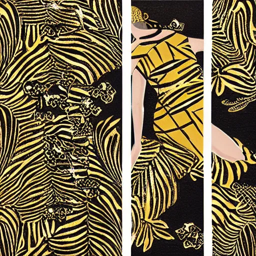 Image similar to a beautiful model in kimono gold and black striped, tiger inspired, realistic, intricate details.