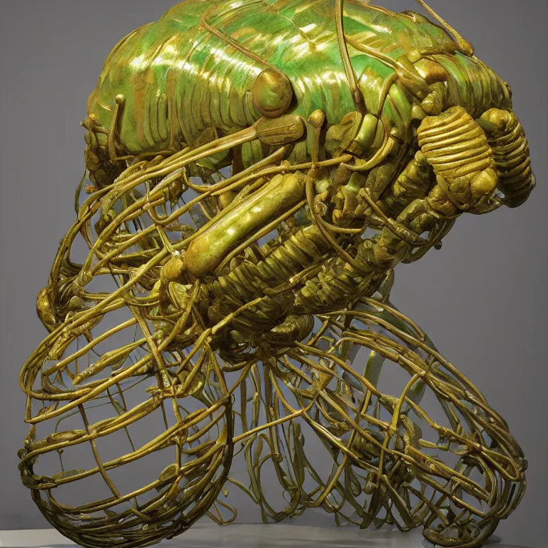 Prompt: hyperrealistic sculpture of a bronze fossilized trilobite isopod in a large cage made of green plastic wire on a pedestal by ron mueck and duane hanson and lee bontecou, hyperrealistic dramatic colored lighting trending on artstation 8 k