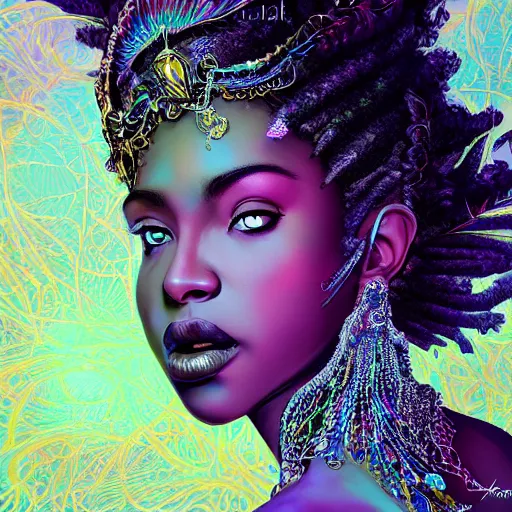 Prompt: the portrait of the absurdly beautiful, graceful, elegant, gorgeous, sensual black young goddess made of crystals, an ultrafine hyperdetailed illustration by kim jung gi, irakli nadar, intricate linework, bright colors, octopath traveler, final fantasy, unreal engine 5 highly rendered, global illumination, radiant light, intricate environment, 8 k