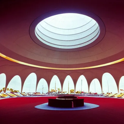 Image similar to interior of a futuristic lotus temple with gold, red and white marble panels, in the desert, by buckminster fuller and syd mead, intricate contemporary architecture, photo journalism, photography, cinematic, national geographic photoshoot