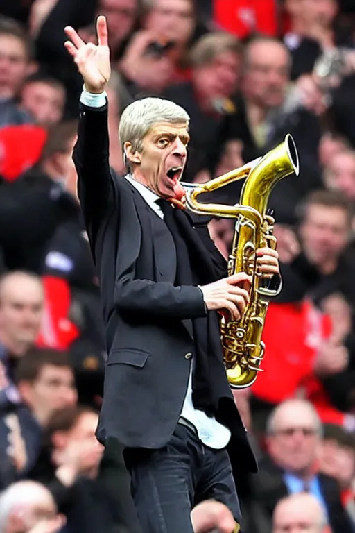 Prompt: a photo of arsene wenger going wild on a saxaphone