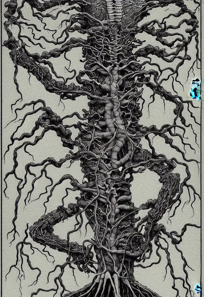 Image similar to prompt: anatomy dissection drawing skeleton Bonsai tree squid creature roots merging into big moon drawn by Takato Yamamoto, bonsai skeleton anatomy atlas, veins and organs attached to tree roots, alchemical objects inspired by 1980's sci-ci, old experimentation cabinet, intricate oil painting detail, manga 1980