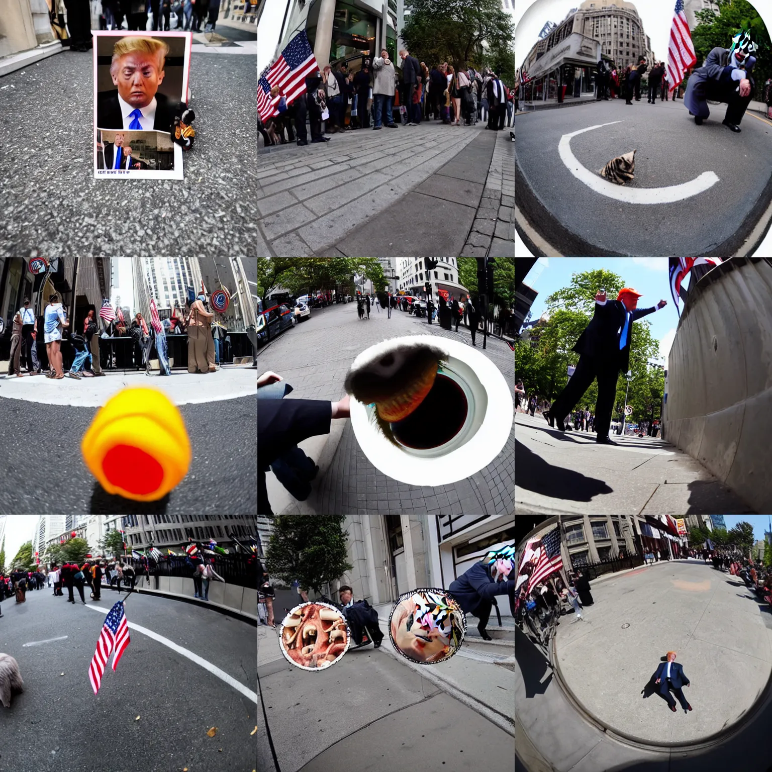 Prompt: fisheye lens of Donald Trump pooping on the sidewalk