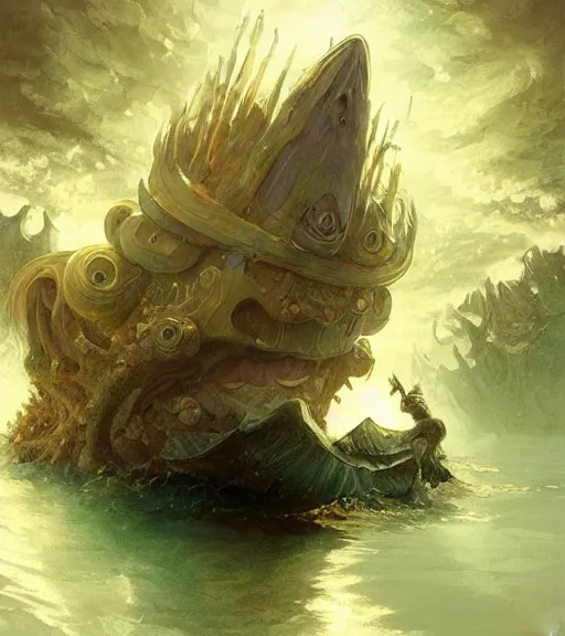 Image similar to mysterious monster under the sea attacking boat highly detailed, digital painting, artstation, concept art, smooth, sharp focus, illustration, art by artgerm and greg rutkowski and alphonse mucha