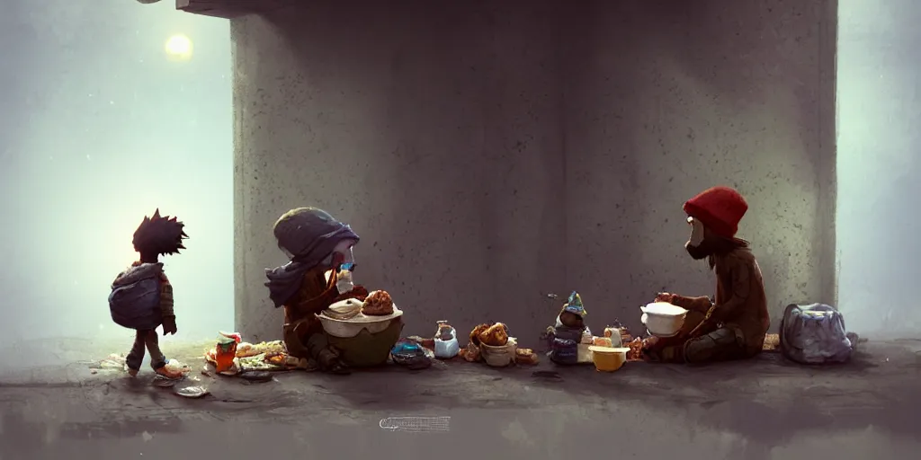 Prompt: homeless asking for food. cute, illustration, digital art, inspired by little big planet, by greg rutkowski, detailed, sharp, masterpiece, highly detailed, photorealistic, octane render, 8 k, unreal engine 5, trending on artstation