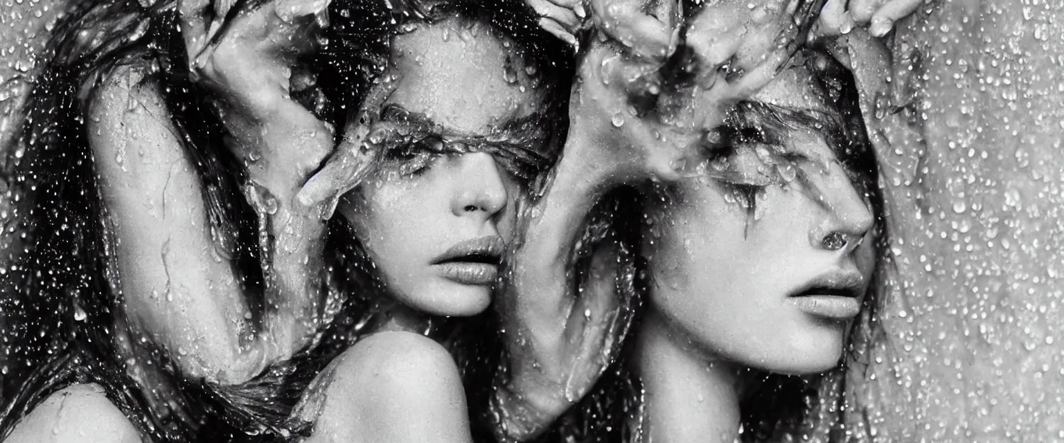 Image similar to fashion model close up in the rain at night by avedon