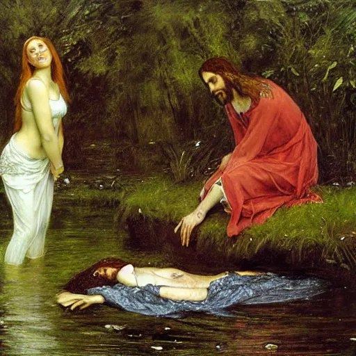 Prompt: jesus as ophelia drowned in the water in the style of john everett millais