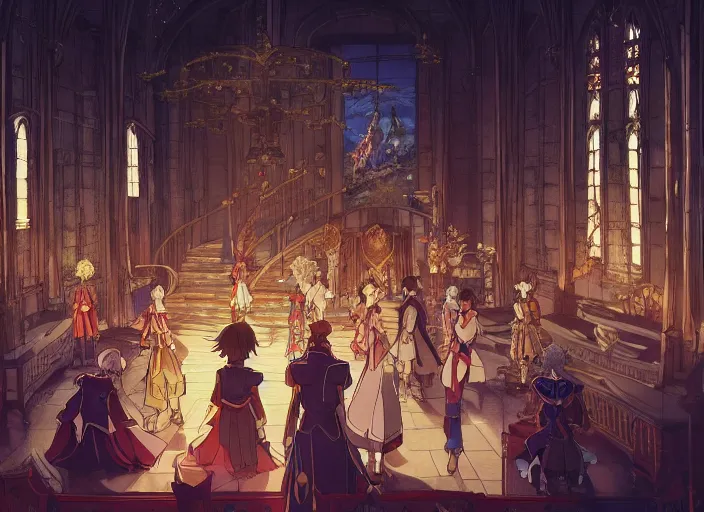 Prompt: key anime visual portrait of a castle's main hall interior with throne, servants, nobles, dynamic pose, dynamic perspective and angle, cinematic, film grain, designed by yoh yoshinari, detailed, intricate, at night, dramatic lighting, costumes by mika pikazo