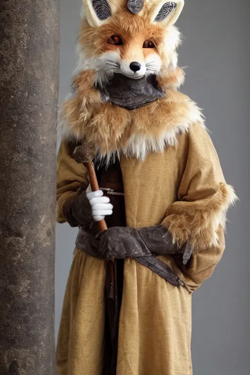 Prompt: a medieval anthropomorphic fox with a fluffy tail as a fursuit, cosplay