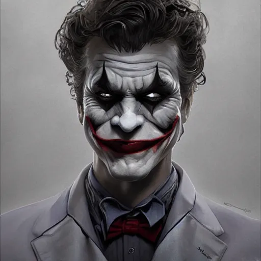 Image similar to [Rossi de Palma as the Joker, closeup, D&D, intricate, elegant, highly detailed, digital painting, artstation, concept art, matte, sharp focus, illustration, art by Artgerm and Greg Rutkowski and Alphonse Mucha]