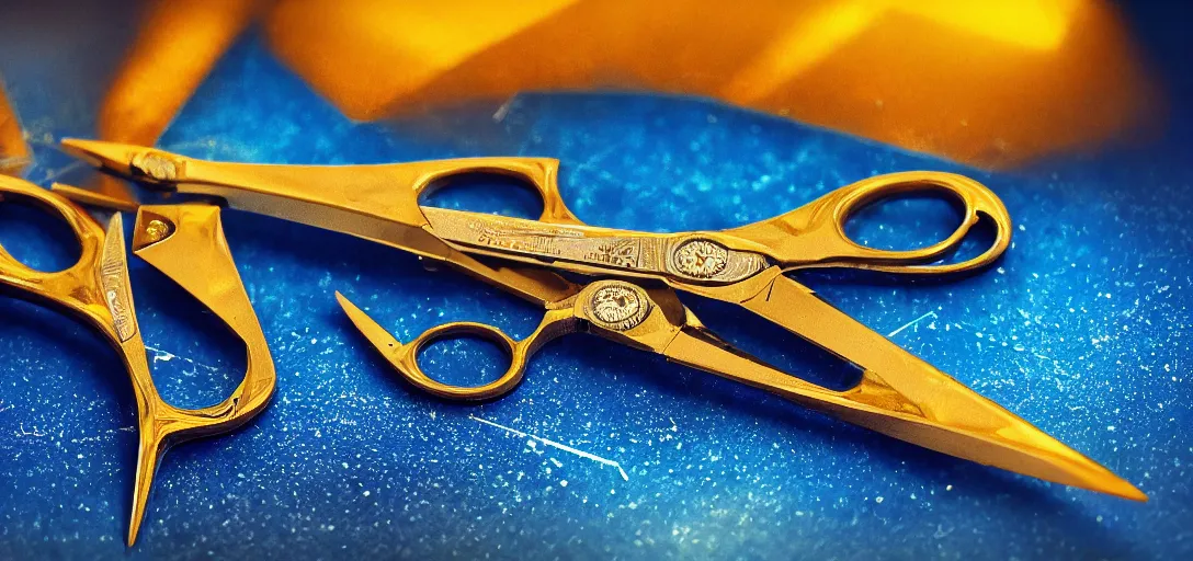 Image similar to detailed golden tailor scissors cutting a big diamond, symmetrical, details, smooth, sharp focus, illustration, realistic, cinematic, artstation,, award winning, rgb, ethereal blue lighting, 8k