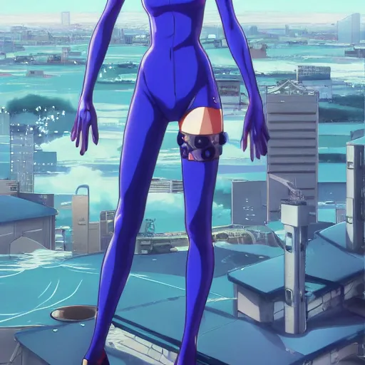 Image similar to anime art, anime fullbody shot of female rei ayanami, long blue hair and large eyes, finely detailed perfect face, in a modern skintight plugsuit, laying on a rooftop, flooded metropolis in ruins, red sea, trending on pixiv fanbox, evangelion, extremely high quality artwork by ilya kuvshinov