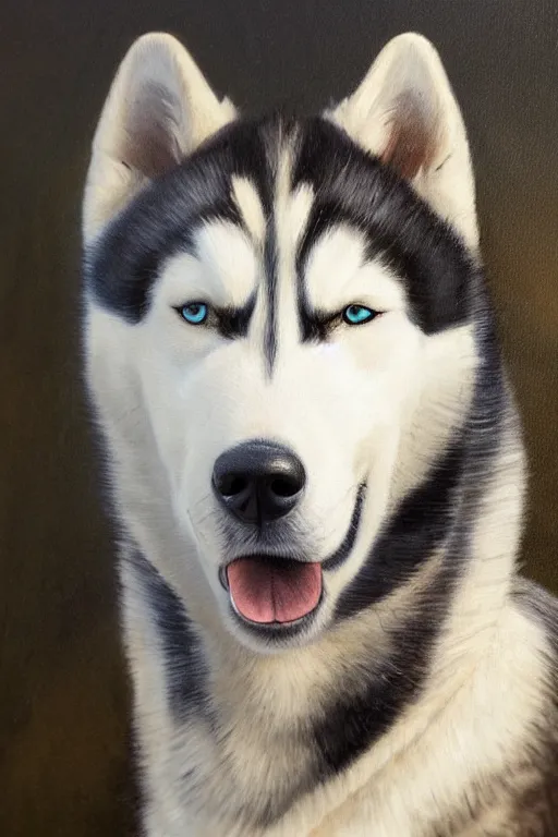 Image similar to a portrait painting of a husky in cowboy costume, character design, anime, humanoid, personify, anthropomorphic