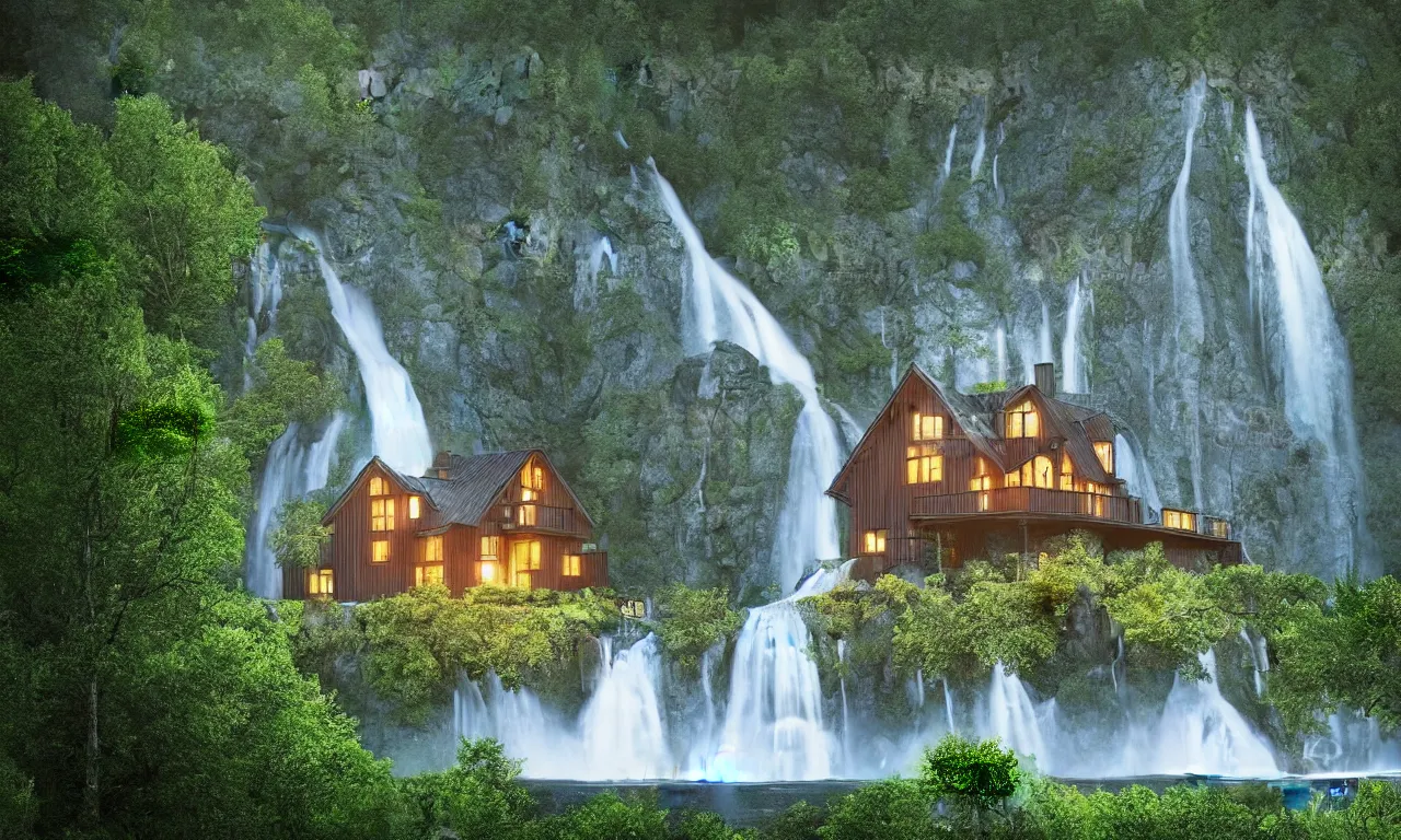 Image similar to beautiful large scandinavian house in the forest on a hill, a large waterfall flows down from the mountain in the background, vector art, fabulous, random cinematic view, no noise, global illumination, warm lighting, volumetric, by jordan grimmer