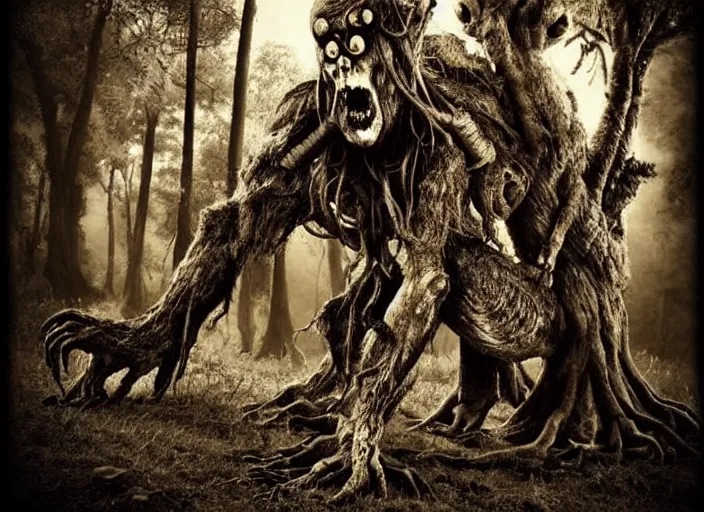 Image similar to an incredibly scary and very very unique monster creature of evil nature with animal, human and tree like characteristics, ancient folk legend in the forest, extremely creative and detailed, sepia photography