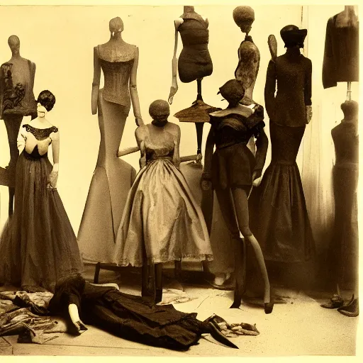 Prompt: a manikin party, photograph, style of atget, nightmare, concept art, creepy