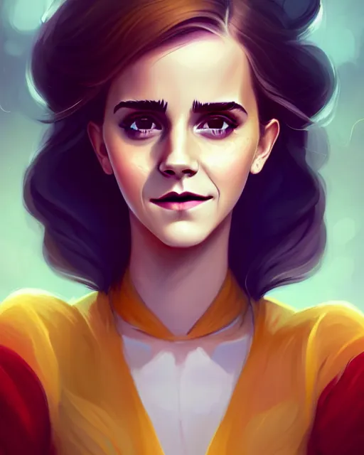 Image similar to a portrait of a beautiful full body Emma Watson smiling, pretty gold and red dress, art by lois van baarle and loish and ross tran and rossdraws and sam yang and samdoesarts and artgerm, digital art, highly detailed, intricate, sharp focus, Trending on Artstation HQ, deviantart, unreal engine 5, 4K UHD image