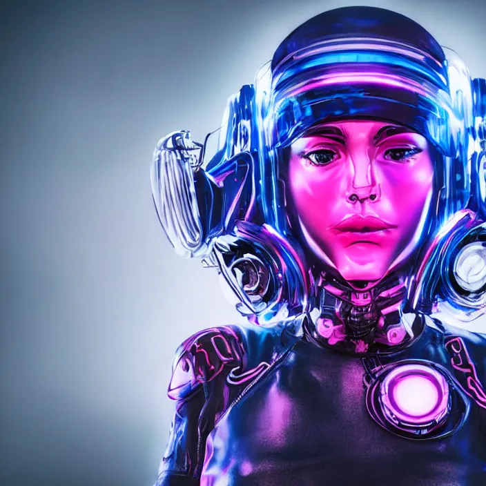 Image similar to biker girl in cybernetic helmet beautiful realistic symmetrical defined face, slight smile and open eyes, anatomically correct, cyberpunk, full portrait, high detail, realistic, synthwave neon pink and blue and red and purple and black