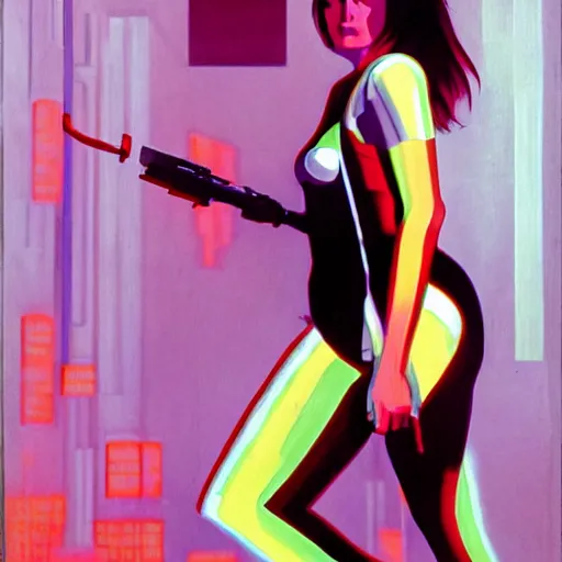 Prompt: milla jovovich as leeloo portrait in the foreground of art by syd mead scifi sharp neon city