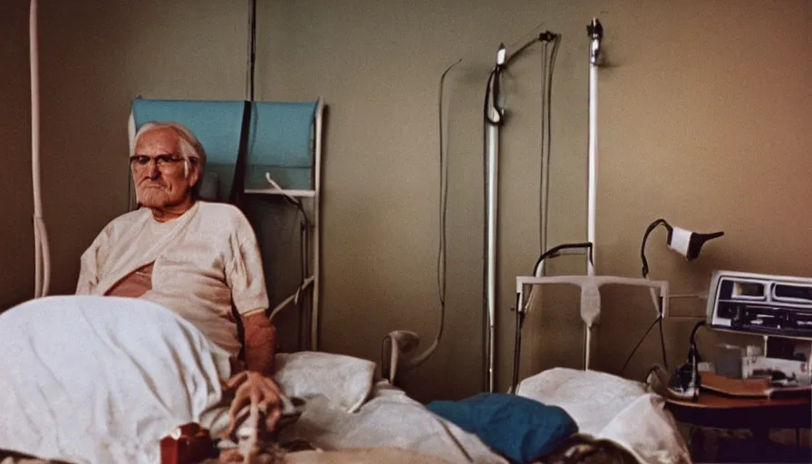 Prompt: 7 0 s movie still of a old golden man in the hospital, cinestill 8 0 0 t 3 5 mm eastmancolor, heavy grain, high quality, high detail