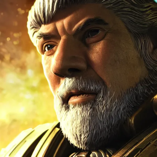 Image similar to portrait of george lucas as the emperor of humanity from warhammer 4 0 k in gears of war, splash art, movie still, cinematic lighting, dramatic, octane render, long lens, shallow depth of field, bokeh, anamorphic lens flare, 8 k, hyper detailed, 3 5 mm film grain