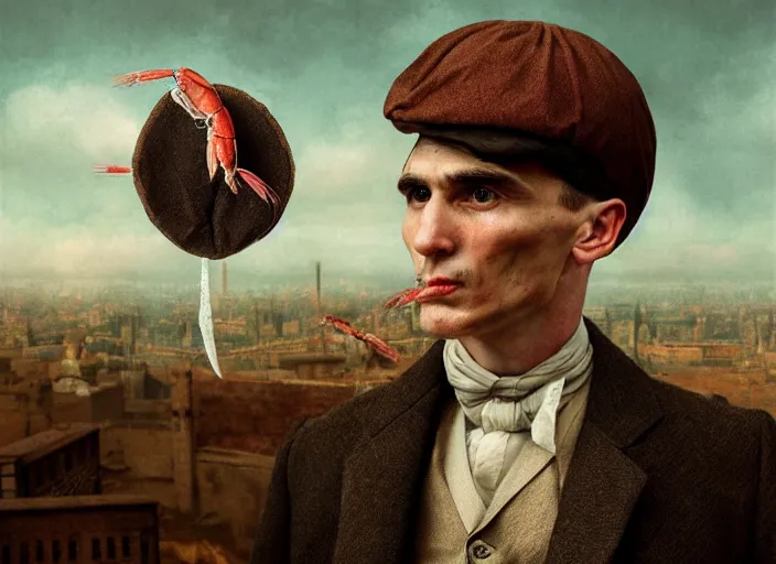 Prompt: thomas shelby with a shrimp on the head, lowbrow, matte painting, 3 - d highly detailed, in the style of mark ryden,