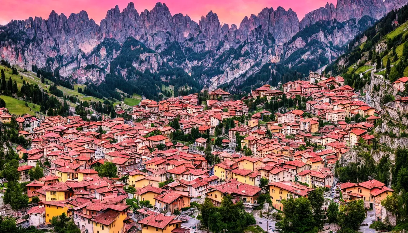 Prompt: an italian town in the dolomites mountains, hellish red sky