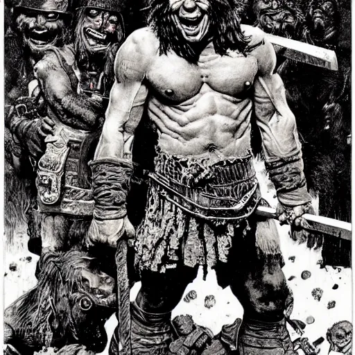 Prompt: portrait of a grinning barbarian, ultra detailed, style of norman rockwell, style of richard corben, 4 k, crispy.