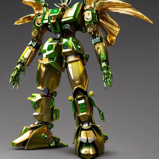 Image similar to futuristic jade mecha, jade gundam, carved jade mechanical exoskeleton wearing hardsurface armour, inlaid with gold, jade rococo, wings lace wear, sculpted by spider zero, zaha hadid, trending on artstation, beautifully lit, hyper detailed, insane details, intricate