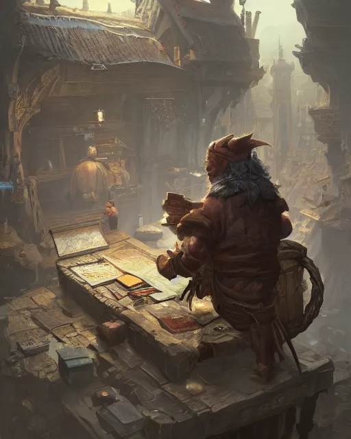 Image similar to A merchant selling treasuries, highly detailed store, fantasy art, goblin art, in the style of greg rutkowski, illustration, epic, fantasy, intricate, hyper detailed, artstation, concept art, smooth, sharp focus, ray tracing