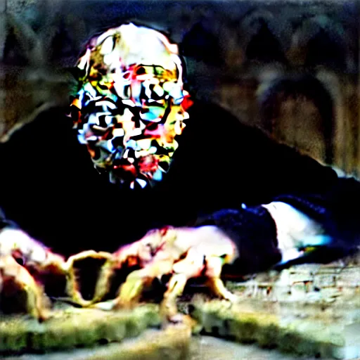 Image similar to claymation klaus schwab by jan svankmajer, hyperrealistic, very detailed, 3 5 mm film still, gothic, horror, eldritch