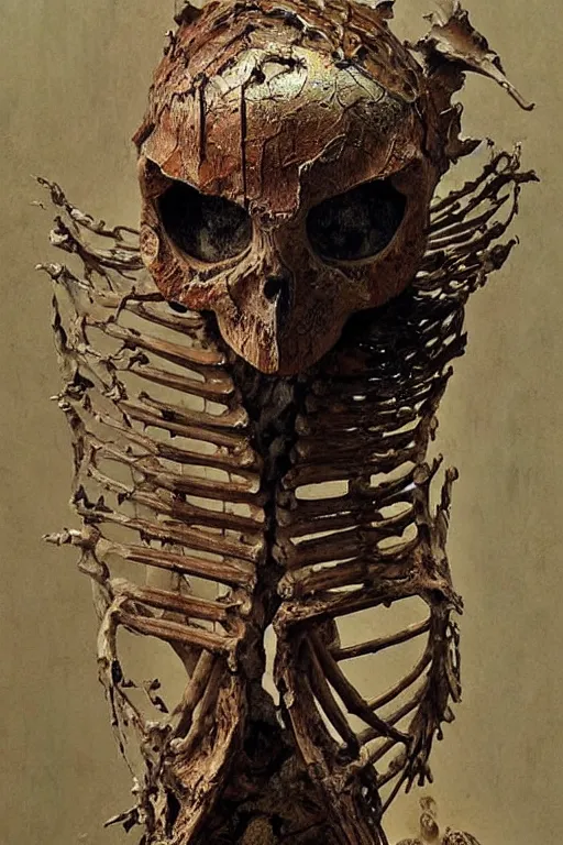 Image similar to realistic detailed statue of an owl skeleton, cracked body full of scars, made by Karol Bak and Bernini. Rich colors. Beksinski and painting. Masterpiece