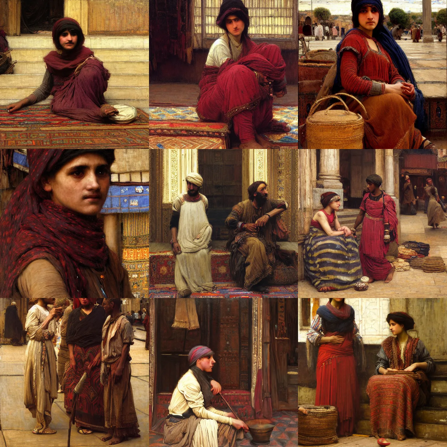 Prompt: the carpet seller intricate portrait by john william waterhouse and Edwin Longsden Long and Theodore Ralli and Nasreddine Dinet, oil on canvas. Cinematic, hyper realism, dramatic lighting, high detail 8k
