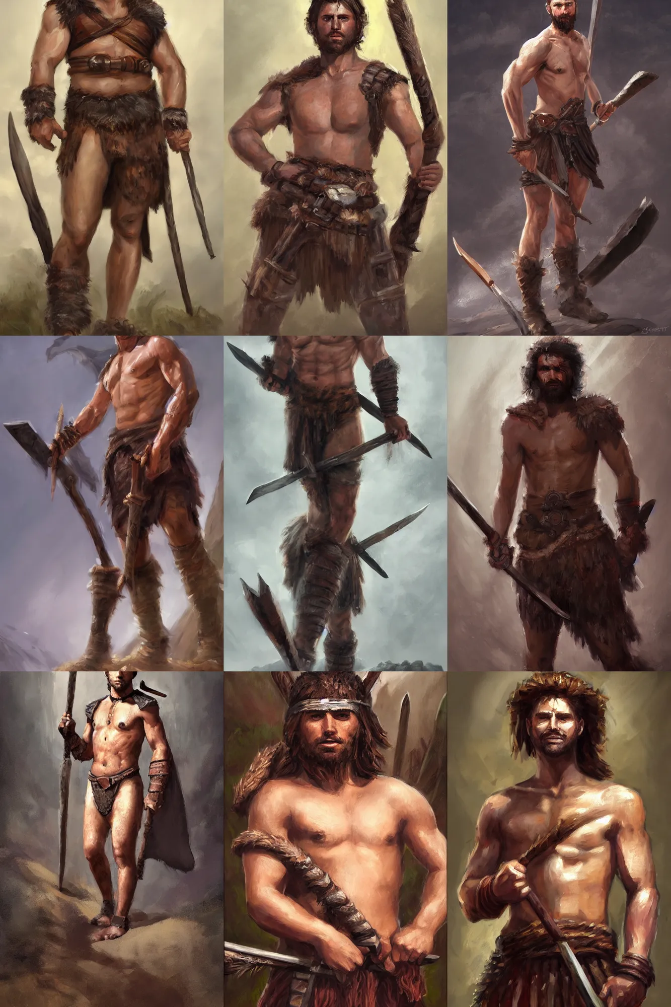Prompt: a full body fantasy portrait oil painting illustration of a single young stoic barbarian man by Justin Sweet with face and body clearly visible, visible pupils, smooth brushwork, d&d, rpg, forgotten realms, artstation trending, high quality, sombre mood, artstation trending, muted colours, no crop, entire character!,