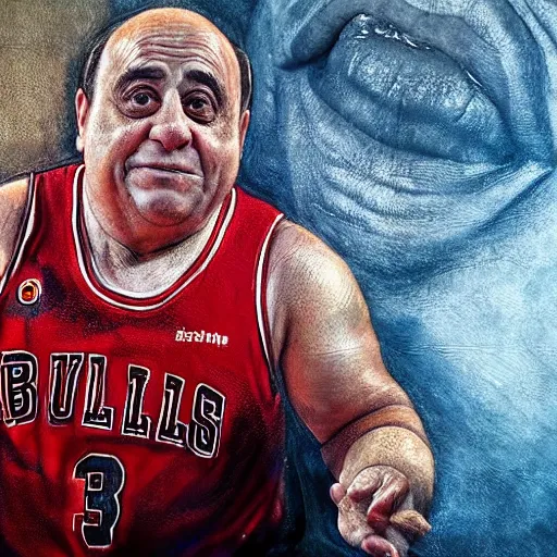 Image similar to hyperrealistic mixed media high resolution painting of Danny DeVito (slam dunk Chicago bulls), stunning 3d render inspired art by István Sándorfi and Greg Rutkowski and Unreal Engine, perfect facial symmetry, dim volumetric lighting, 8k octane beautifully detailed render, full body shot, post-processing, extremely hyper-detailed, intricate, epic composition, highly detailed attributes, highly detailed atmosphere, cinematic lighting, masterpiece, trending on artstation, very very detailed, masterpiece, stunning, flawless completion, lifelike texture, perfection,