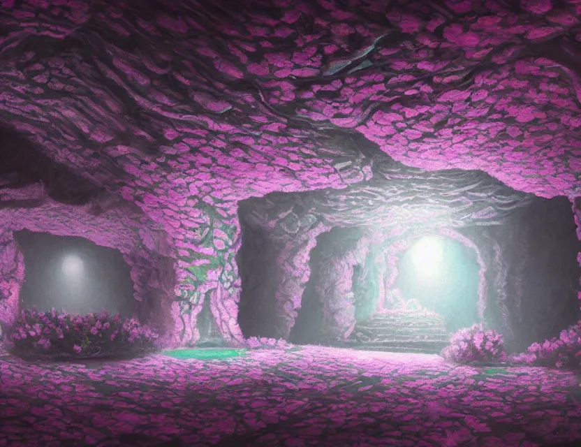 Prompt: vaporwave nightclub in a cherry blossom limestone cavern. oil painting by indie concept artist. backlighting, chiaroscuro, intricate details, field of depth.