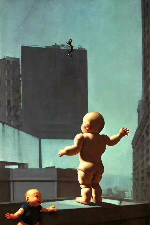 Image similar to evil human giant baby in a diaper and a robotic arm, grows up to the sky, against the backdrop of destroyed high - rise building, hauntingly surreal, highly detailed painting by francis bacon, edward hopper, adrian ghenie, gerhard richter, and james jean soft light 4 k,