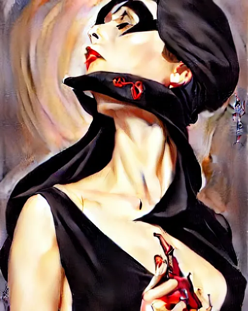 Prompt: style of j. c. leyendecker, artgerm : : gorgeous willa holland : : evil witch, swirling black magic, black dress : : symmetrical face, symmetrical eyes : : full body pose : : gorgeous black hair : : magic lighting, low spacial lighting : :