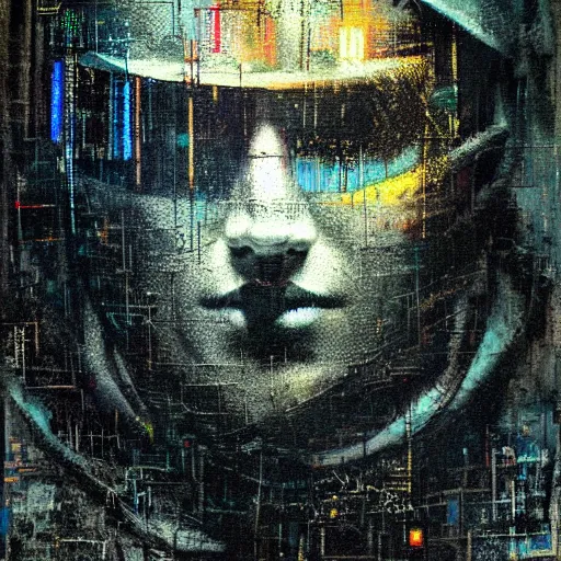 Prompt: portrait of a hooded hacker wearing a cyberpunk visor, mysterious, shadows, by Guy Denning, by Johannes Itten, by Russ Mills, glitch art, hacking effects, chromatic, color blocking, oil on canvas, concept art, abstract