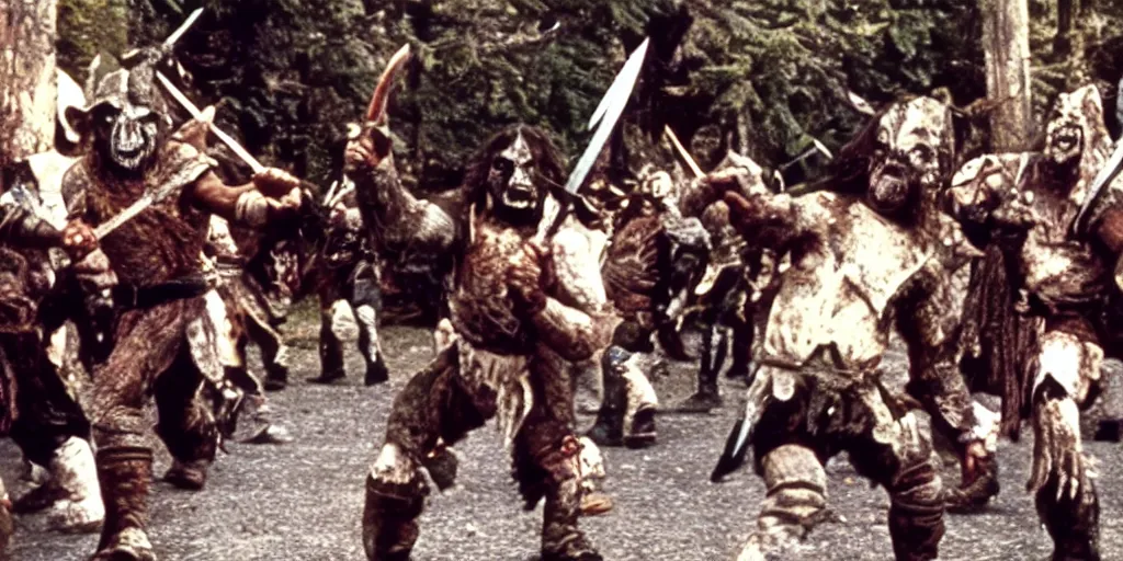 Image similar to A full color still from a Stanley Kubrick film featuring actors dressed as angry Orcs, waving swords, 35mm, 1970