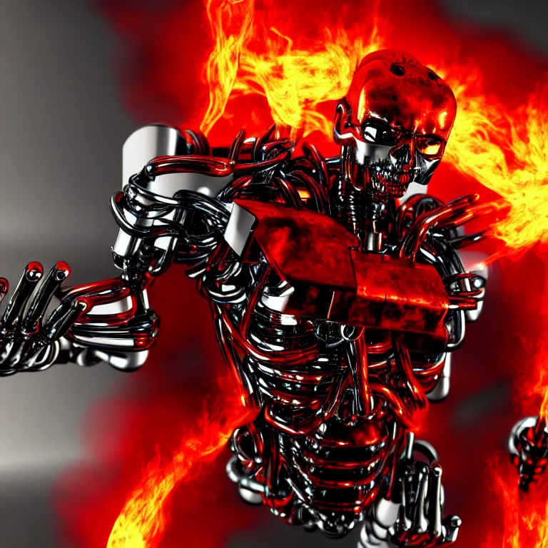 Prompt: terminator endoskeleton with red glowing eyes and fire behind it, movie still, chrome, shiny, reflective, metallic, 3 d render, realistic, hdr, stan winston studios, dramatic lighting, flame colors bright, ultra realistic