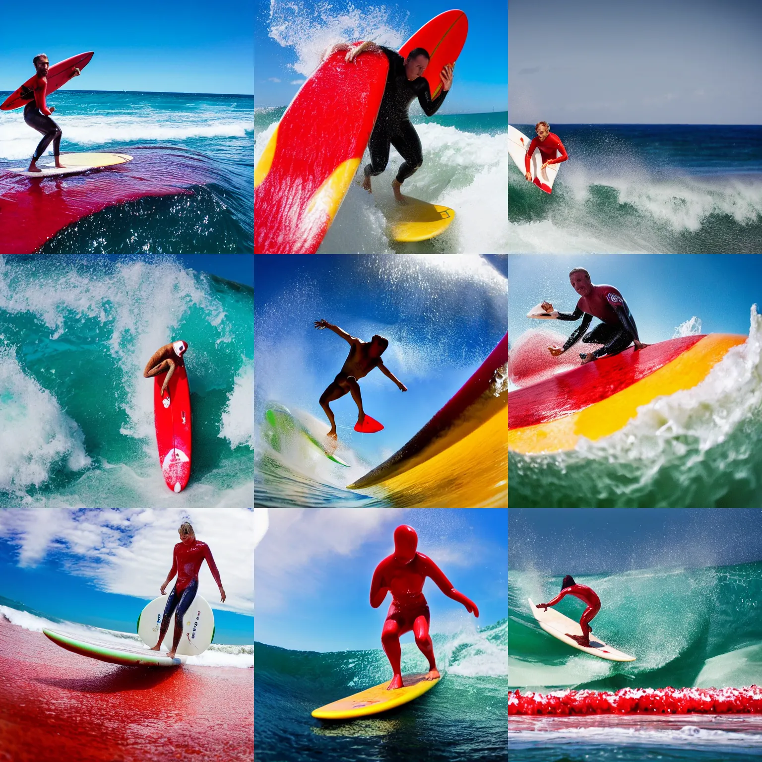 Prompt: a surfer surfing on a large wave of ketchup, through a sea made of ketchup, on a sunny day, 8 k, wide angle photography