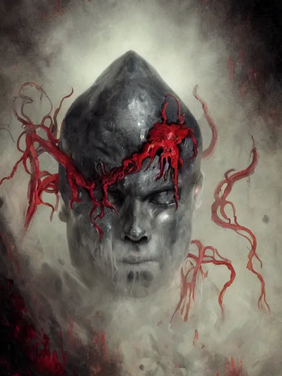 Image similar to painting by greg rutkowski of a flying sorrowful looking severed human head with tears running down it's eyes, face that is chalk white in color, with long sprawling white tentacles stemming down it's neck, fiery scorching red eyes, flying in a terrying hellish dark cavernous place